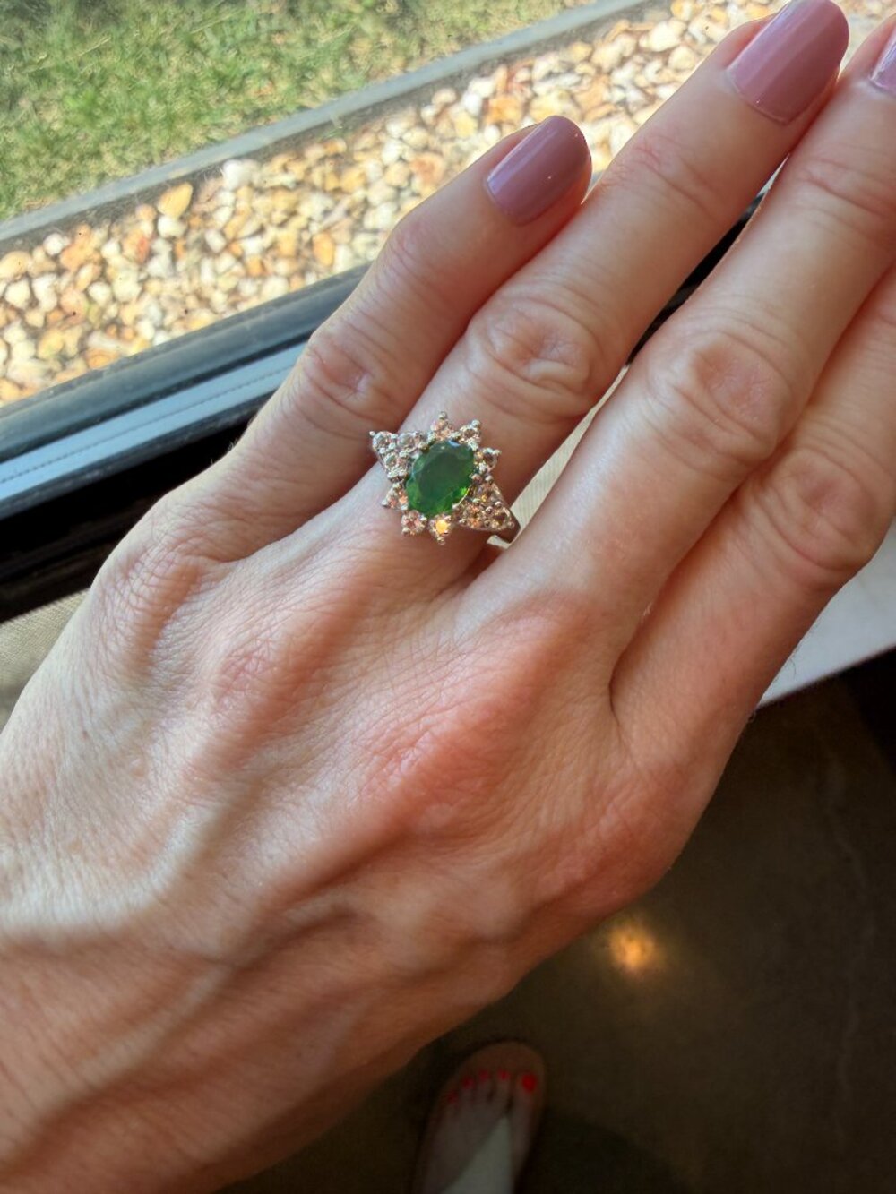 TGGC Sterling Silver White Topaz & Green Stone Ring